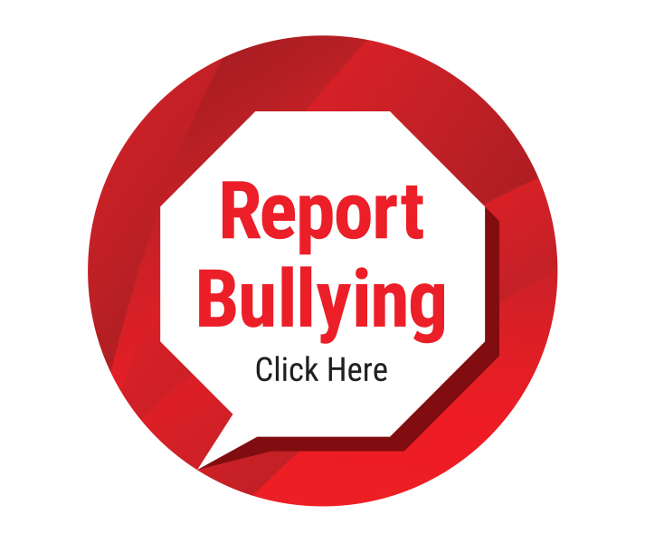 Report Bullying. Click here. Illustration of stop-sign-shaped speech bubble on red circle.